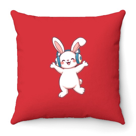 Joyful Bunny with Headphones Throw Pillows
