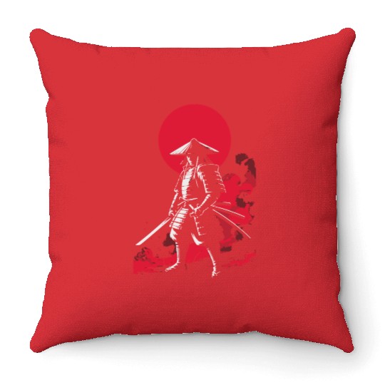 Samurai Warrior with Red Sun Backdrop Throw Pillows
