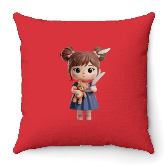 Whimsical Girl with Feather and Teddy Bear Throw Pillows