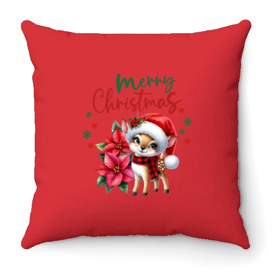 Festive Christmas Puppy with Poinsettia Throw Pillows