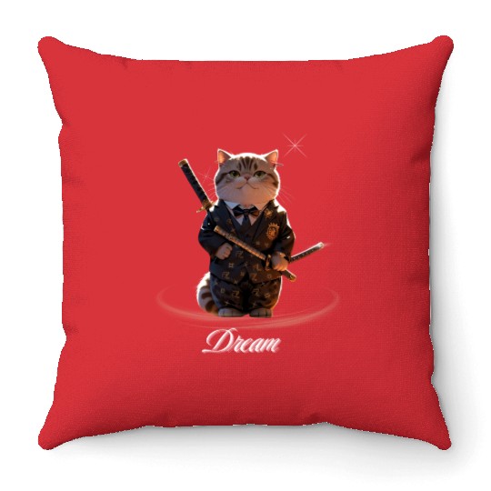 Samurai Cat in Formal Kimono Throw Pillows
