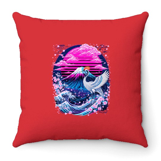 Neon Sakura Crane & Mount Fuji Scene Throw Pillows