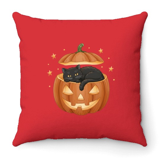 Black Cat in Jack-O-Lantern Pumpkin Throw Pillows