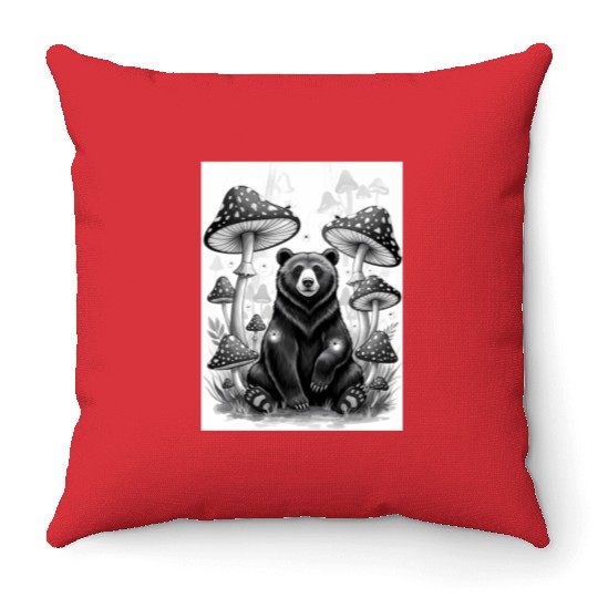 Whimsical Forest Bear & Magical Mushrooms Throw Pillows