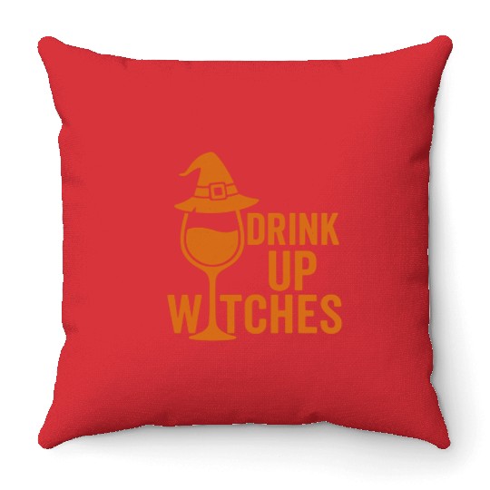 Witch Themed Drink Up Glass Design Throw Pillows