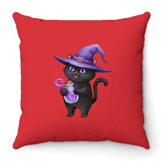 Enchanting Black Cat Witch Illustration Throw Pillows