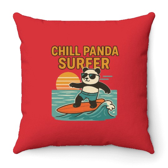 Chill Panda Surfing Sunset Design Throw Pillows