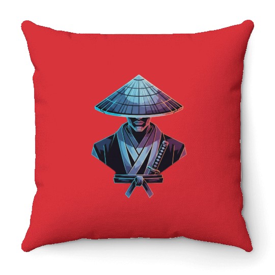 Futuristic Samurai with Neon Hat Throw Pillows