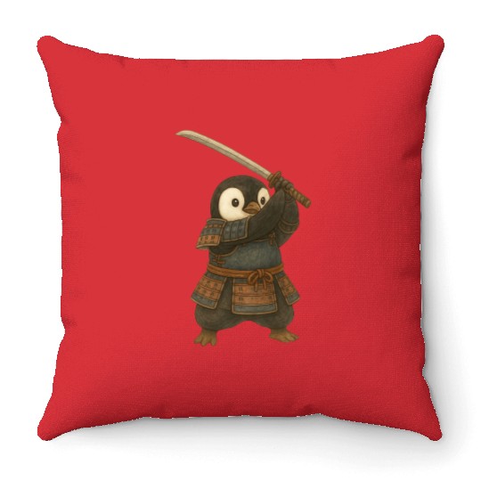 Penguin Samurai katana sword martial arts Japan Throw Pillows