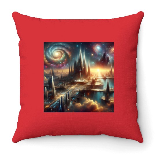 Future Sci-Fi Cityscape Alien Planet King's Castle Throw Pillows
