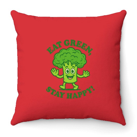 Eat Green Stay Happy Broccoli Character Throw Pillows