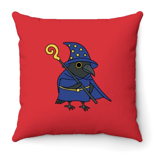 Mystical Wizard Raven Illustration Throw Pillows