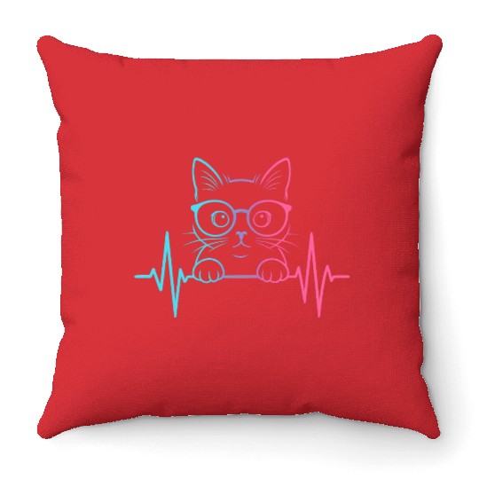 Cool Neon Cat with Glasses and Heartbeat Line Throw Pillows