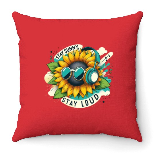 Sunflower with Sunglasses and Headphones Throw Pillows