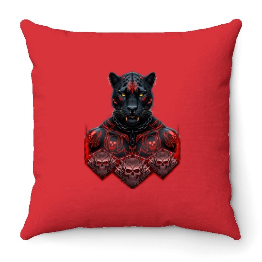 Black Warrior Panther with Gothic Skull Armor Throw Pillows