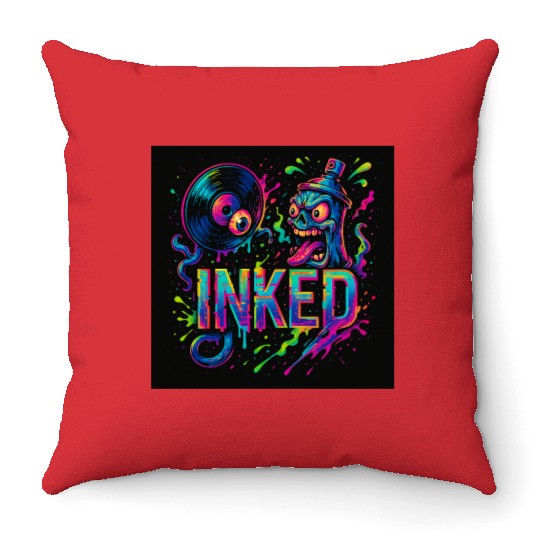 Neon Graffiti Spray Can with Skull and Turntable Throw Pillows