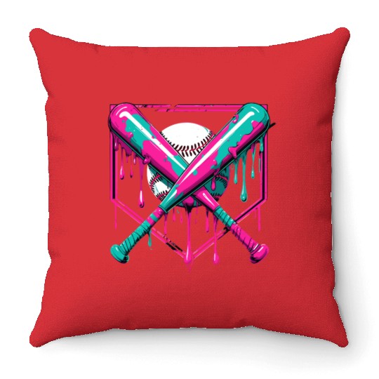 Neon Baseball Bat and Ball Art Throw Pillows