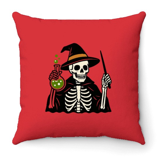 Magical Skeleton Wizard Illustration Throw Pillows