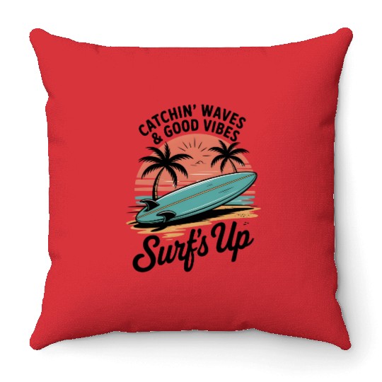 Sunset Surfing Beach Scene Throw Pillows