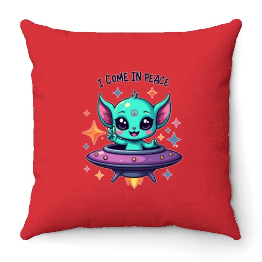 Peaceful  cute Alien- i come in peace Throw Pillows