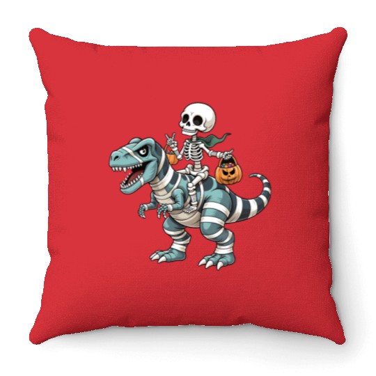 Skeleton Riding Mummy Dinosaur Funny Halloween Throw Pillows