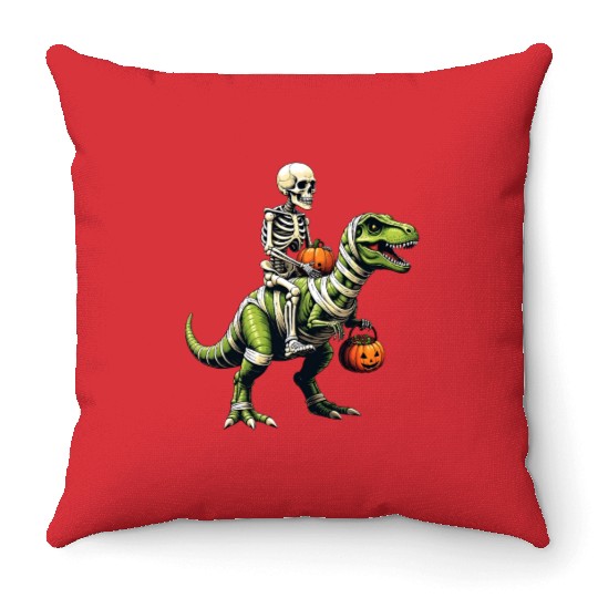 Skeleton Riding Mummy Dinosaur Funny Halloween Throw Pillows