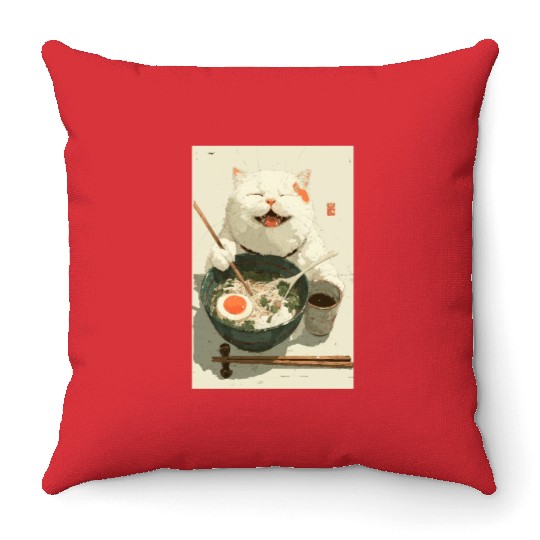 Happy White Cat Eating Ramen Throw Pillows
