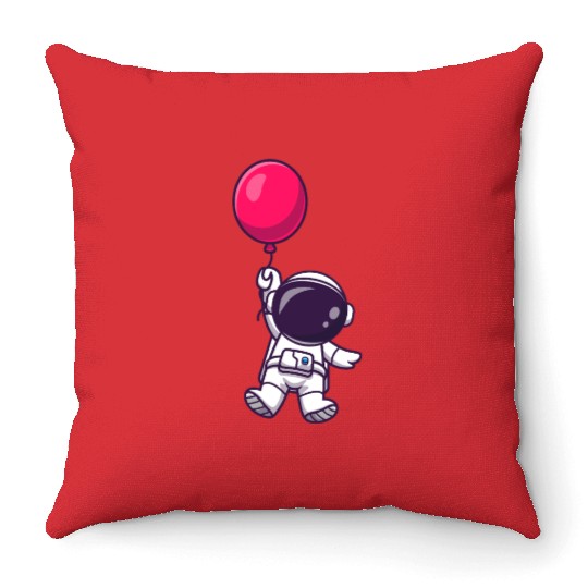 Astronaut Holding Pink Balloon Illustration Throw Pillows