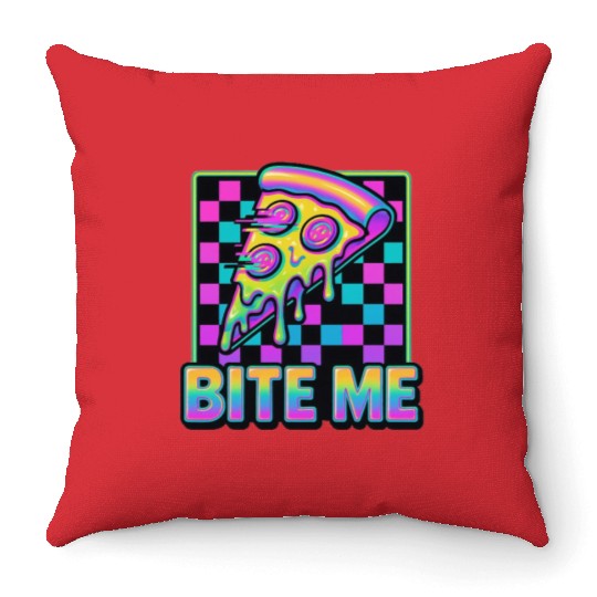 Bite Me – Y2K Glitch Pizza Neon Throw Pillows