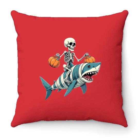 Skeleton Riding Shark Mummy Funny Halloween Throw Pillows