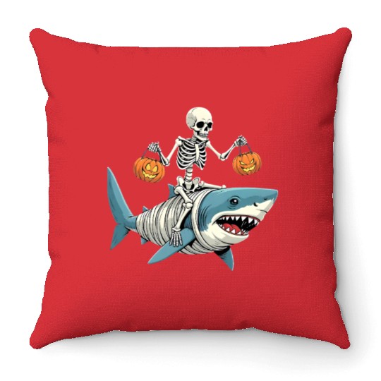 Skeleton Riding Mummy Dinosaur Funny Halloween Throw Pillows