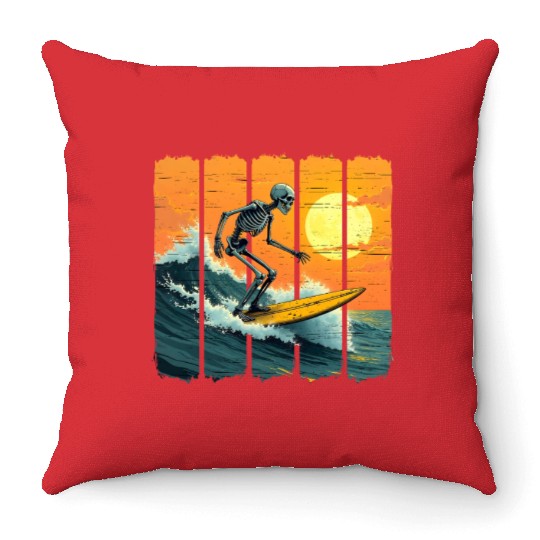Skeleton Surfer Vintage Surfing Funny Halloween Throw Pillows