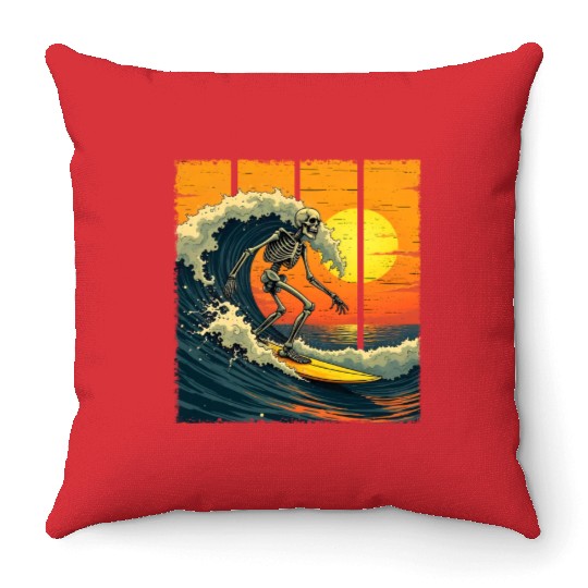 Skeleton Surfer Vintage Surfing Funny Halloween Throw Pillows