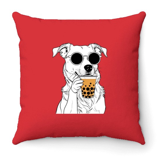Chill Dog with Sunglasses and Bubble Tea Throw Pillows