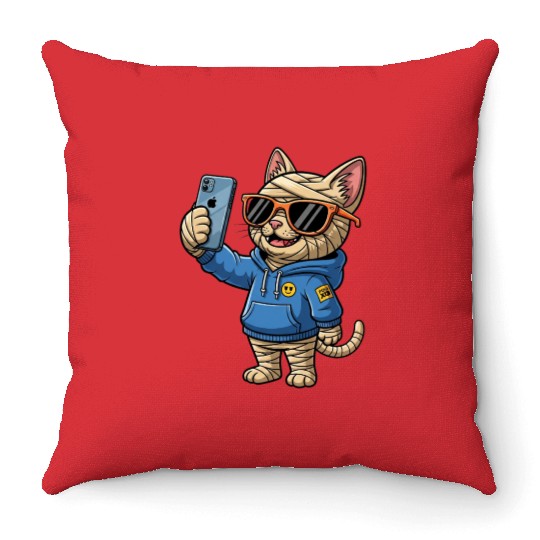 Cool Cartoon Cat Mummy Taking a Selfie Throw Pillows