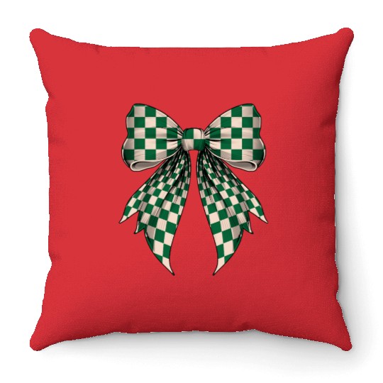 Coquette Bow Cream White Green Checkered Pattern Throw Pillows