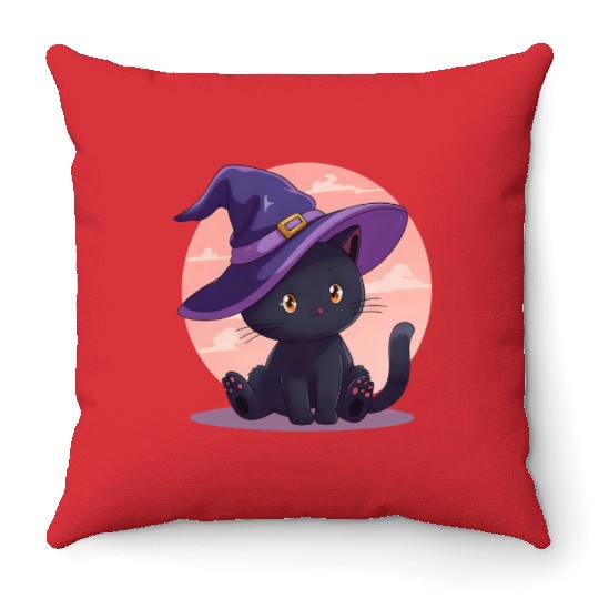 Whimsical Halloween Cat with Witch Hat Throw Pillows