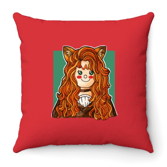 Whimsical Fox Girl – Kawaii Watercolor Throw Pillows
