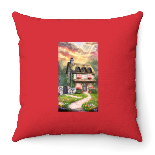 Fairy Tale Cottage in Sunrise Light Throw Pillows