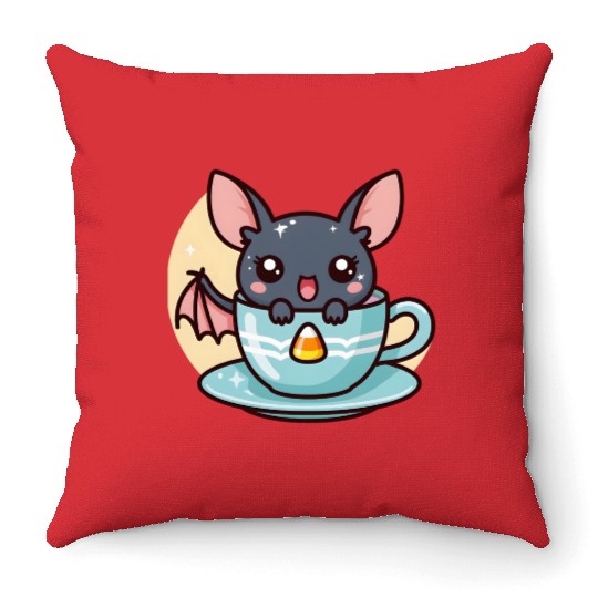 Cute Bat in Tea Cup Illustration Throw Pillows