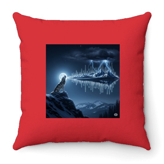 Mystic Mountain Wolf Sound Wave Throw Pillows