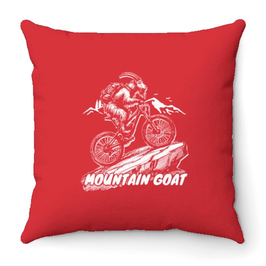 Mountain Goat on Bike Throw Pillows