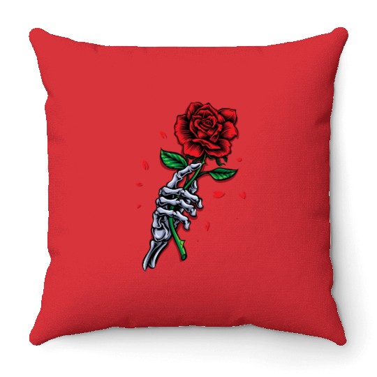 Skeleton Hand with Rose – Gothic Romance Art Throw Pillows