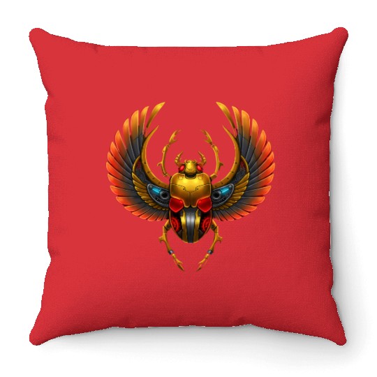 Cyberpunk Pharaonic Scarab with Mechanical Wings Throw Pillows
