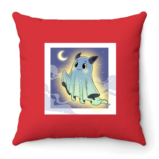 Cute Ghost Bat Under Moon Scene Throw Pillows