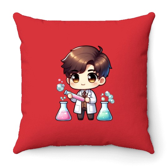 Cute Scientist Chibi Illustration Throw Pillows
