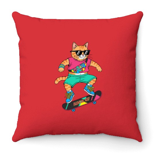 Radical Retro Skater Cat Throw Pillows