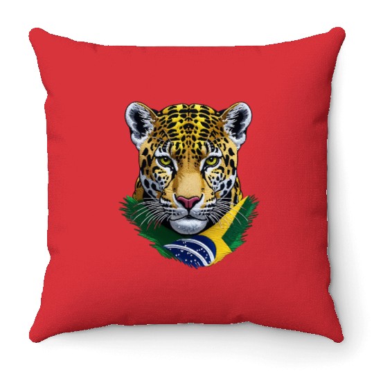 Brazil Jaguar Head Green Yellow Blue National Flag Throw Pillows
