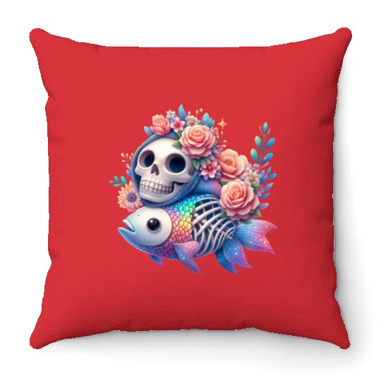 Whimsical Skull and Fish Floral Fusion Throw Pillows
