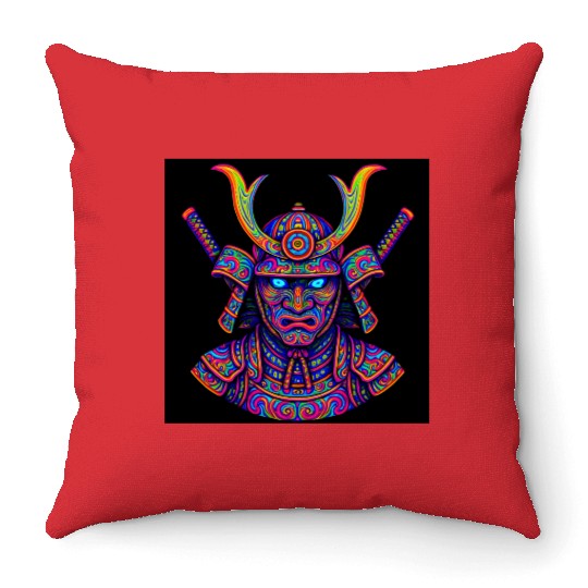 Neon Samurai Warrior Psychedelic Throw Pillows